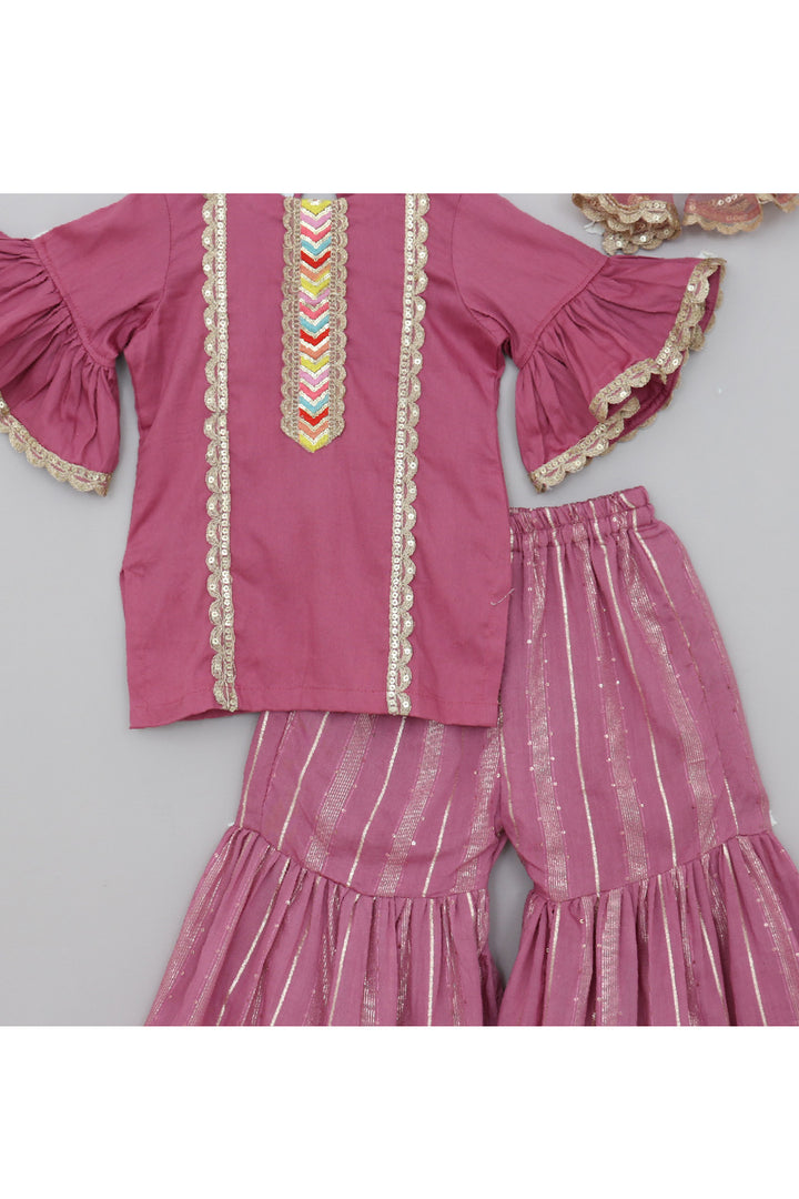 Purple Embroidered Lace Detailing Kurta With Sharara Set