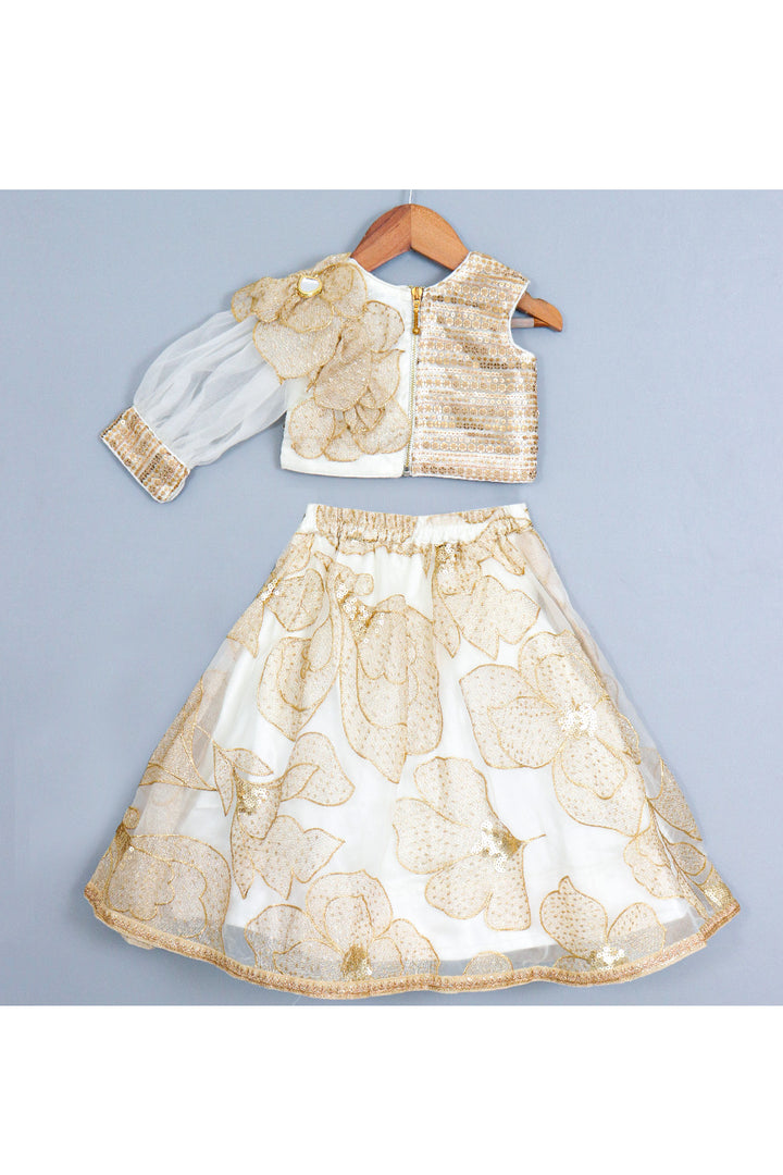 Off White And Golden Embroidered One Shoulder Top With Lehenga Set