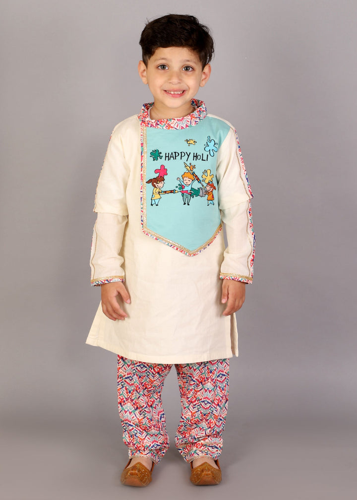 Kids Playing Holi Multi Embroidery Printed Kurta With Pyjama Set