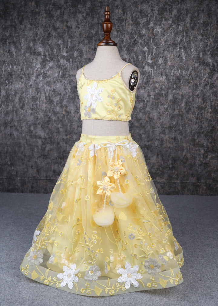 Yellow Flower Heavy Embroidered Top And Lehenga Set