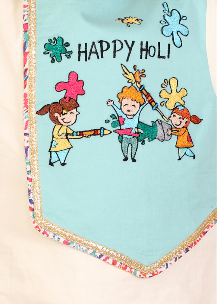 Kids Playing Holi Multi Embroidery Printed Kurta With Pyjama Set