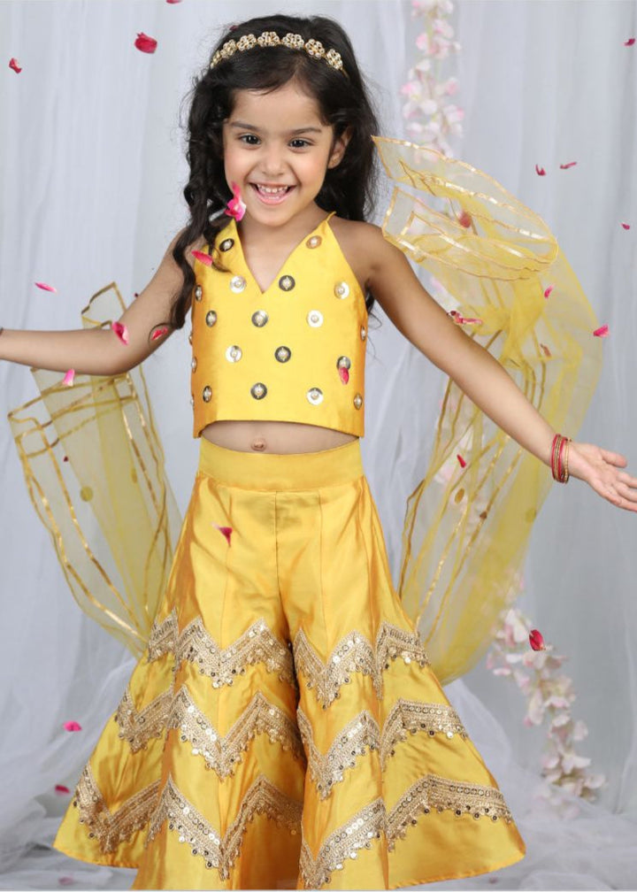 Yellow Pearl Embroidered Top With Heavy Embellished Palazzo And Dupatta Set