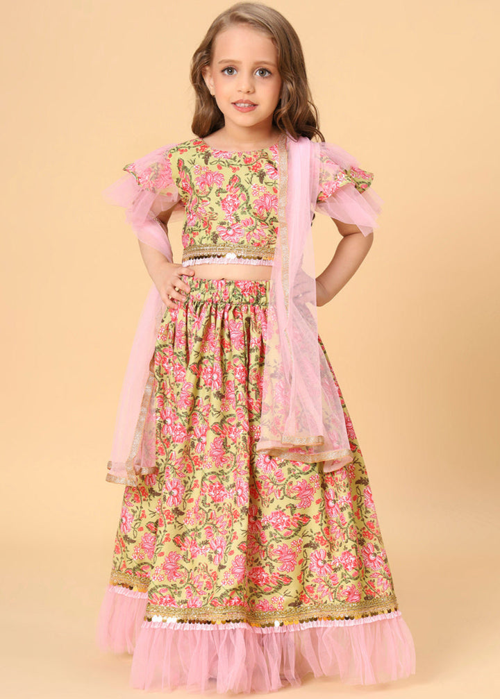 Multicolor Printed Top And Lehenga With Dupatta Set