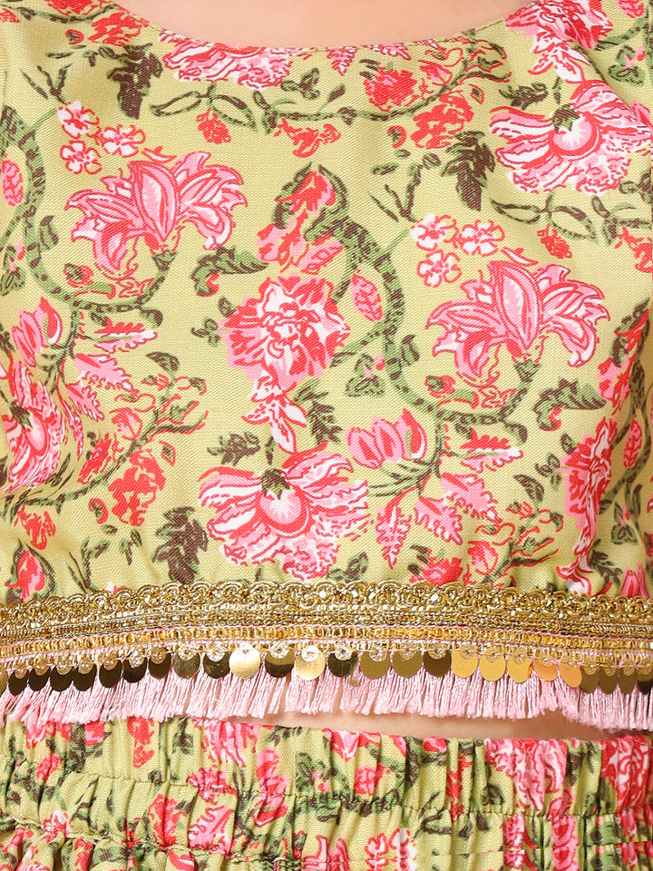 Multicolor Printed Top And Lehenga With Dupatta Set