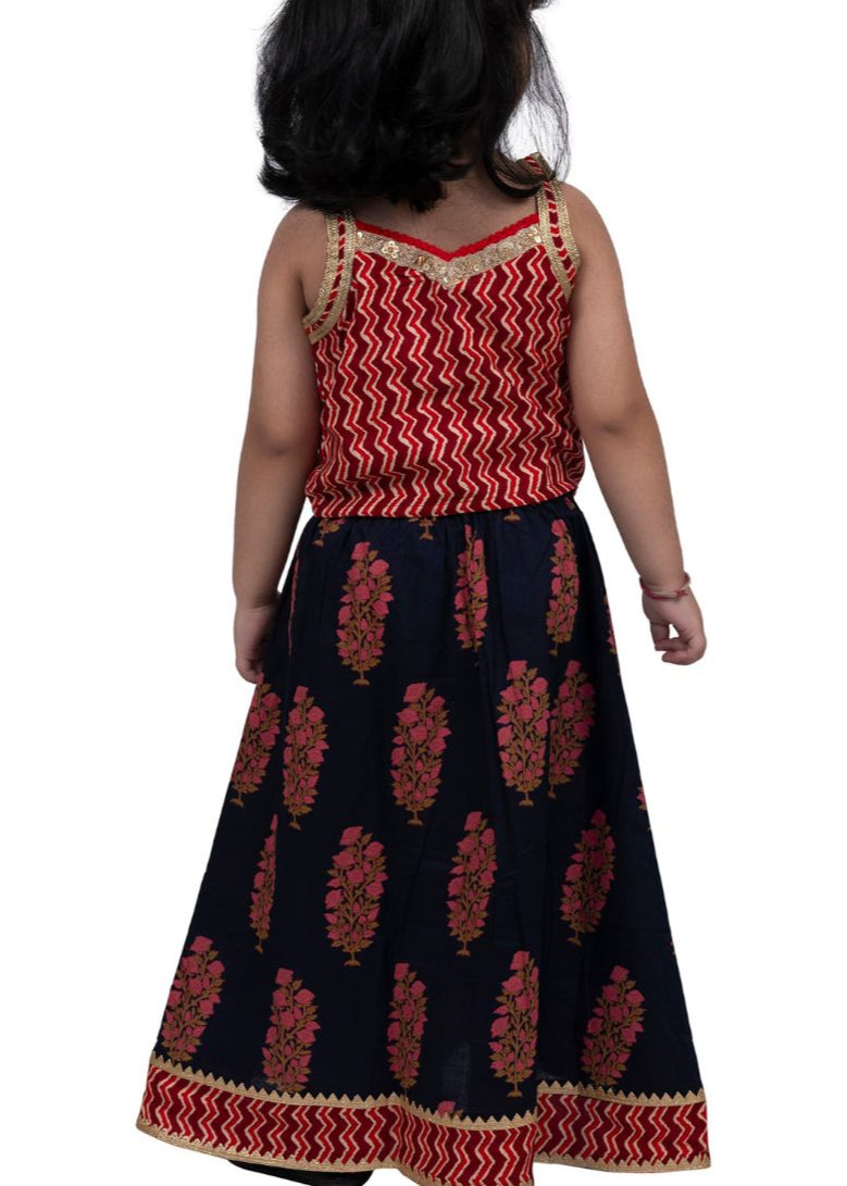 Red & Blue Frill Sleeveless Cotton Zigzag Top With Lehenga Set