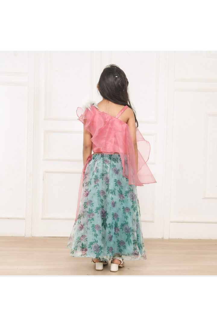 Onion Pink Organza One Shoulder Top With Floral Printed Lehenga Set