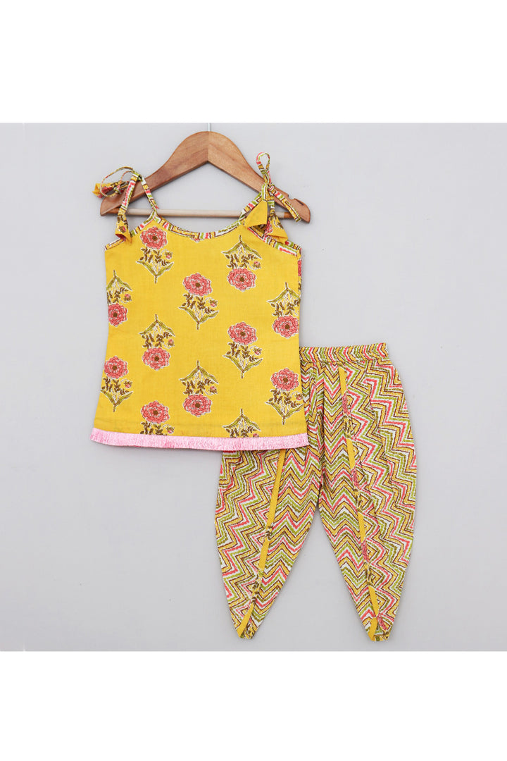 Mustard Yellow Floral Printed Sleeveless Cotton Kurta With Dhoti Set