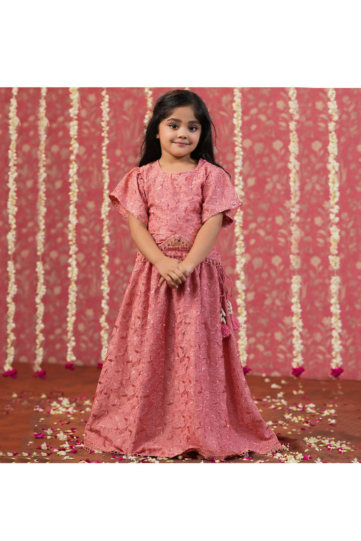 Peachish Pink Self Embroidered Top And Skirt Set
