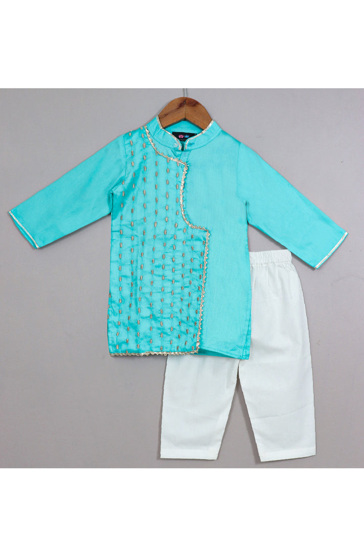 Blue Embroidered Overlap Cotton Kurta With Pyjama Set