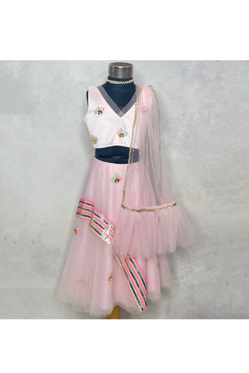 Pink Sequin Embellished Top With Satin Lehenga Set