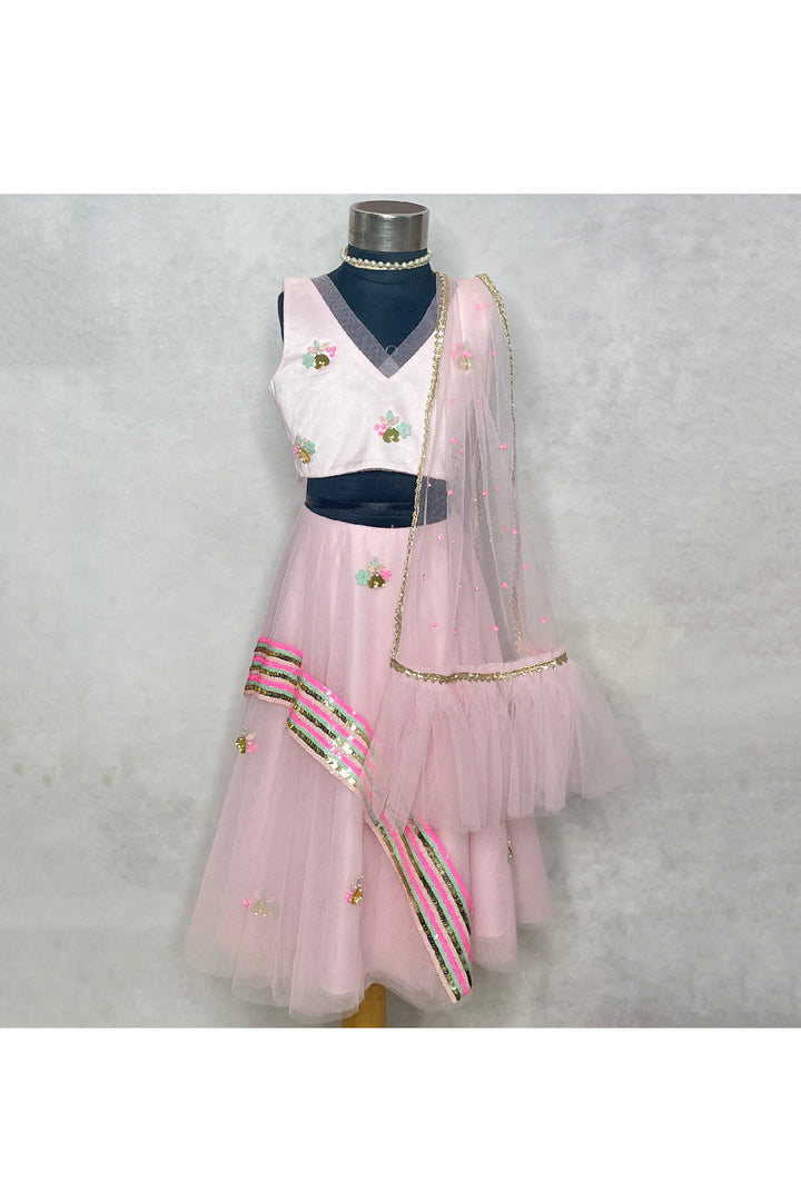 Pink Sequin Embellished Top With Satin Lehenga Set
