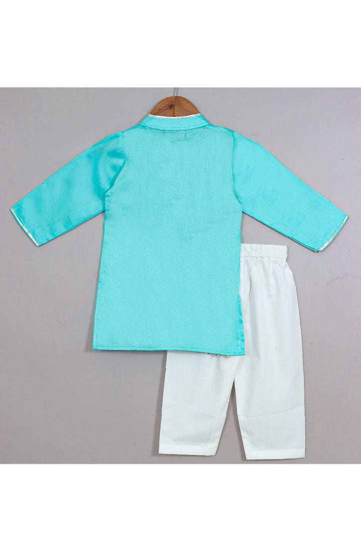 Blue Embroidered Overlap Cotton Kurta With Pyjama Set