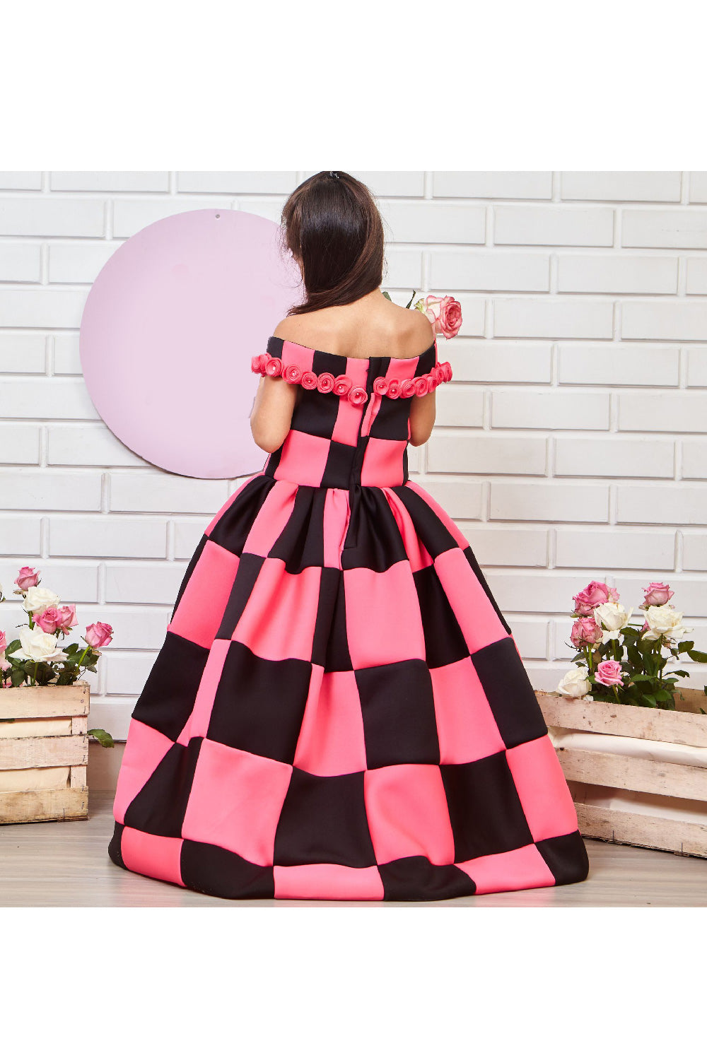 Black And Pink Block Printed Neoprene Off Shoulder Gown