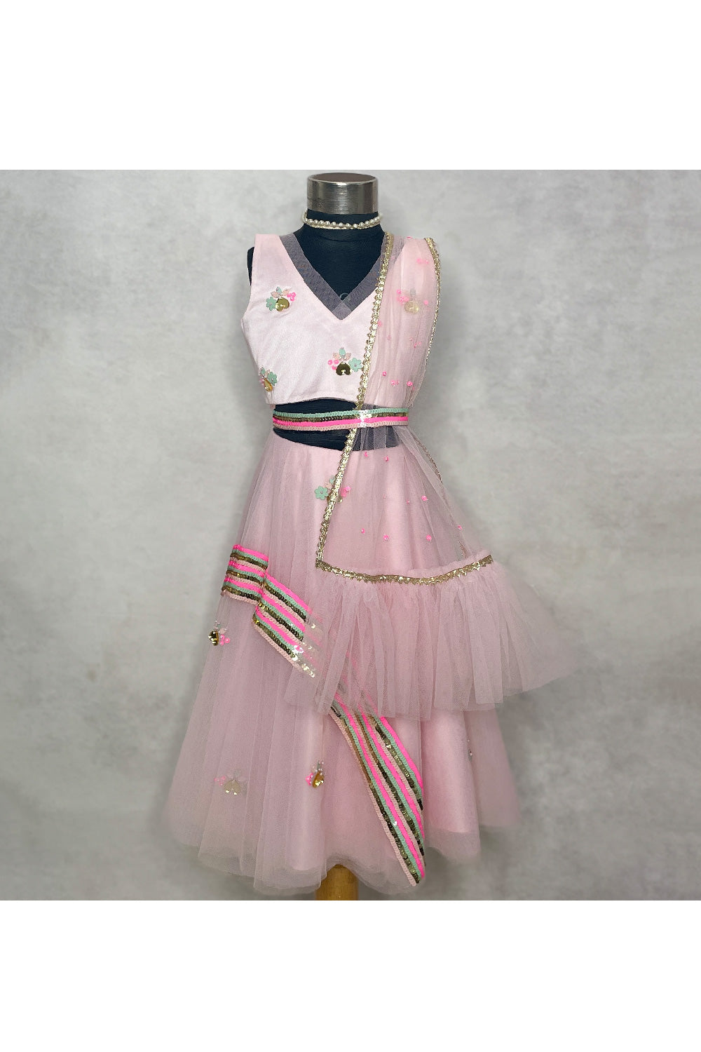 Pink Sequin Embellished Top With Satin Lehenga Set