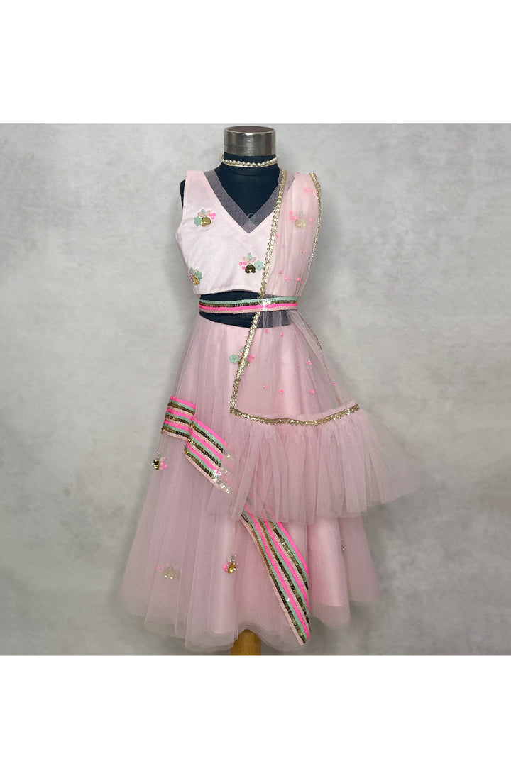 Pink Sequin Embellished Top With Satin Lehenga Set