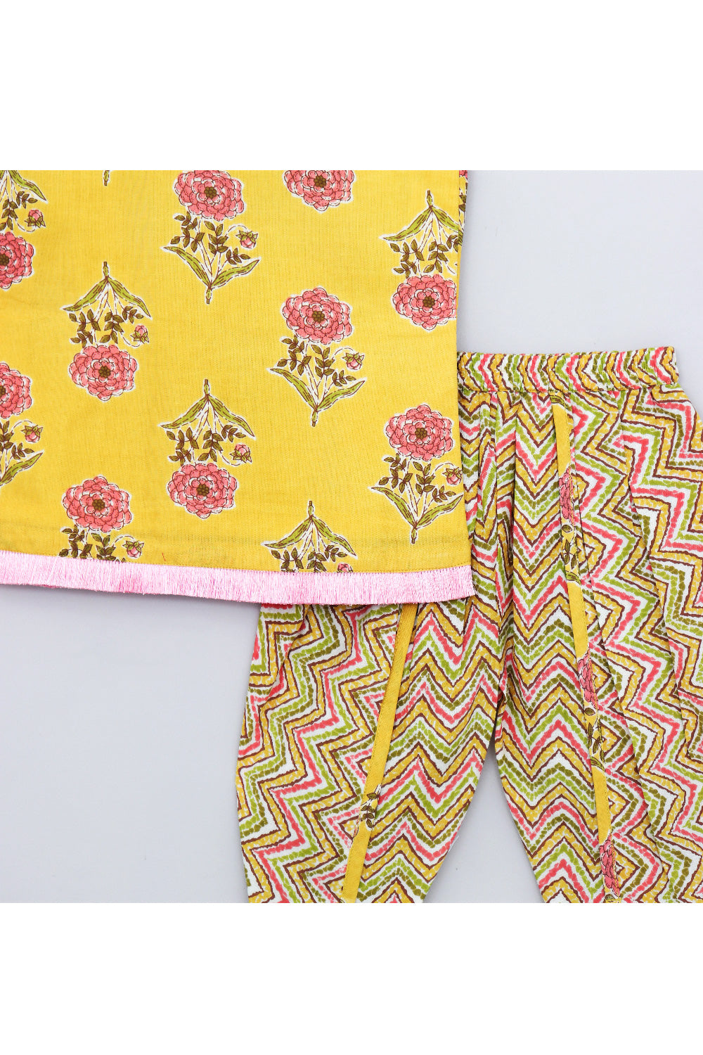 Mustard Yellow Floral Printed Sleeveless Cotton Kurta With Dhoti Set