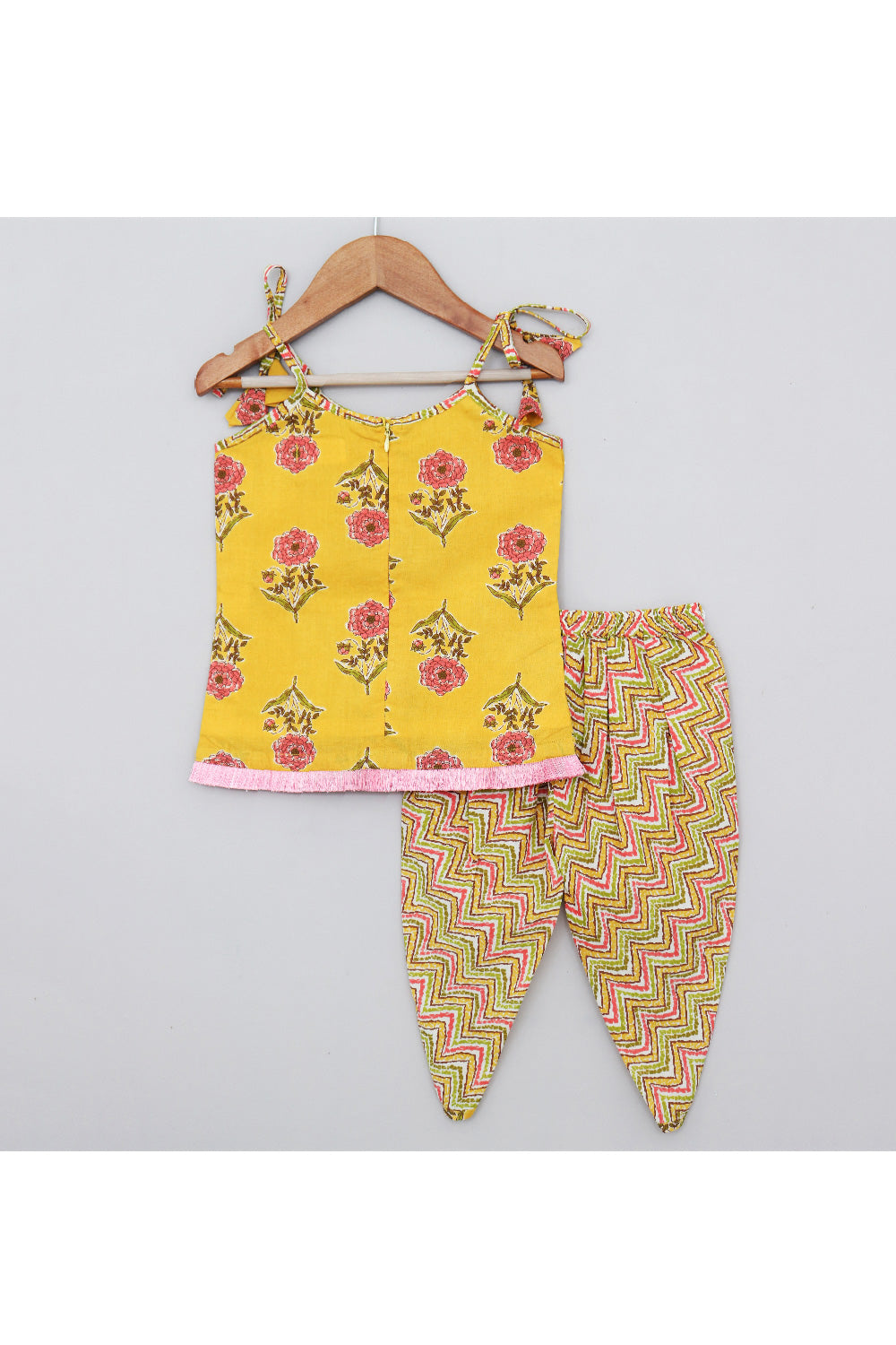 Mustard Yellow Floral Printed Sleeveless Cotton Kurta With Dhoti Set