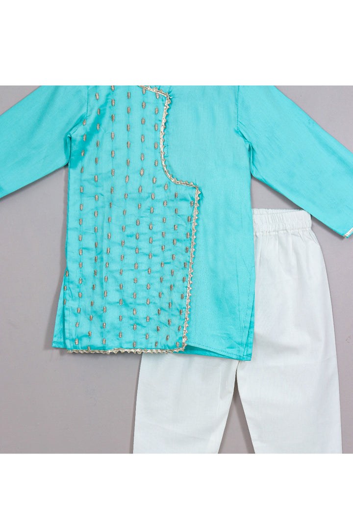 Blue Embroidered Overlap Cotton Kurta With Pyjama Set
