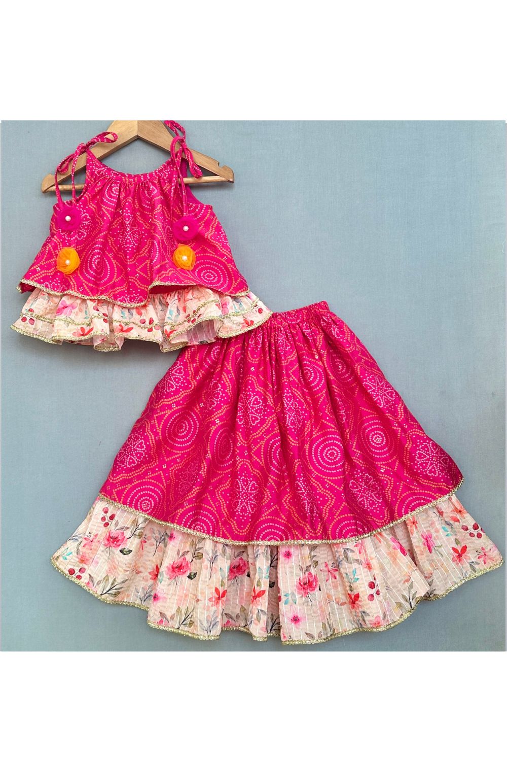 Pink Bandhej Multicolor Floral Printed Top Lehenga Set