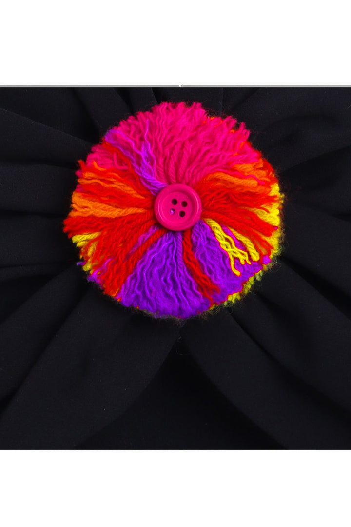 Black Unisex Cotton Colorful Pom Pom Turban