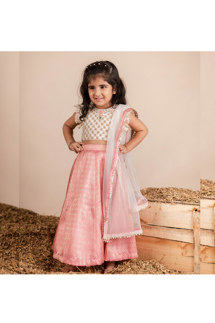 Pink Floral Embroidered Round Neck Top With Lehenga Set