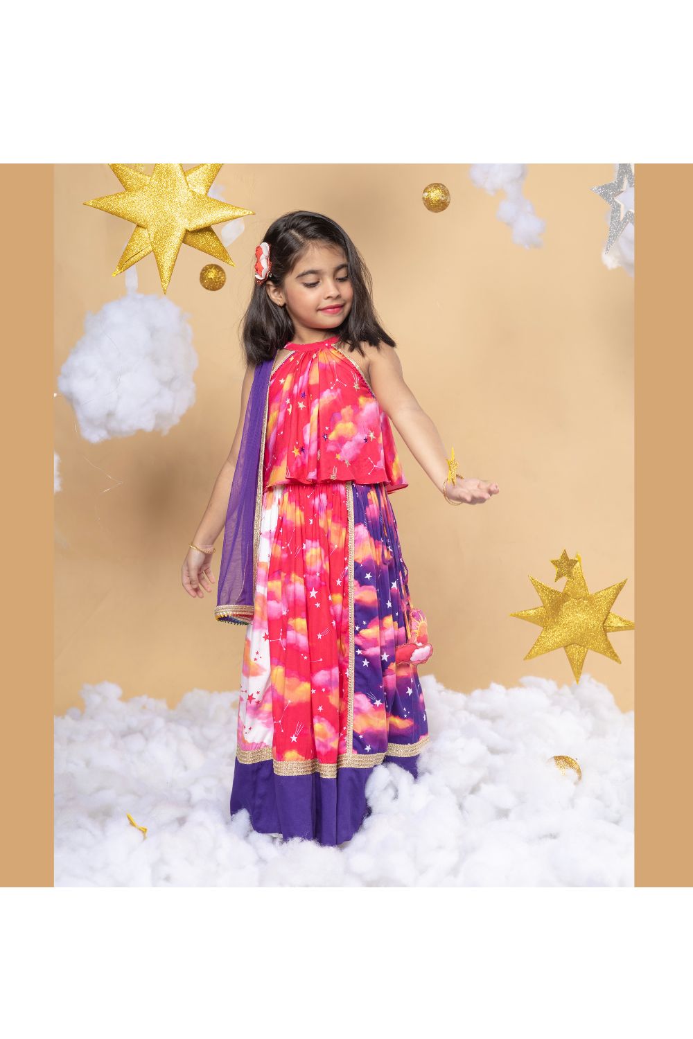 Pink With Purple Star And Cloud Printed Halter Neck Top With Lehenga Set