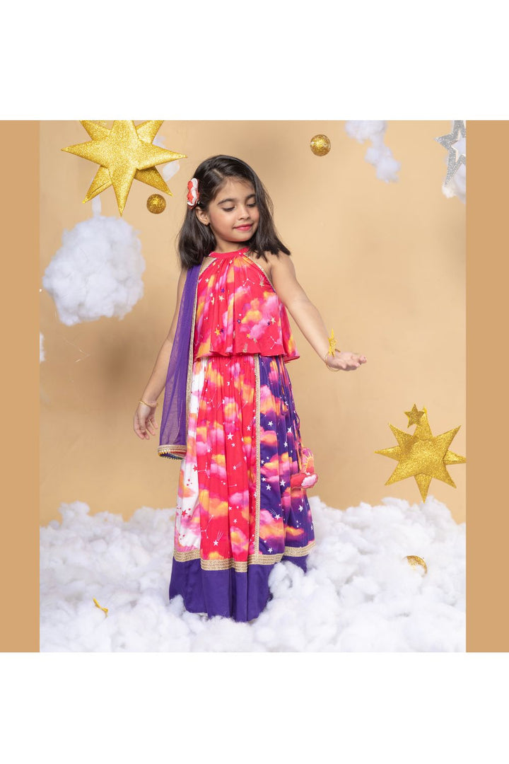 Pink With Purple Star And Cloud Printed Halter Neck Top With Lehenga Set