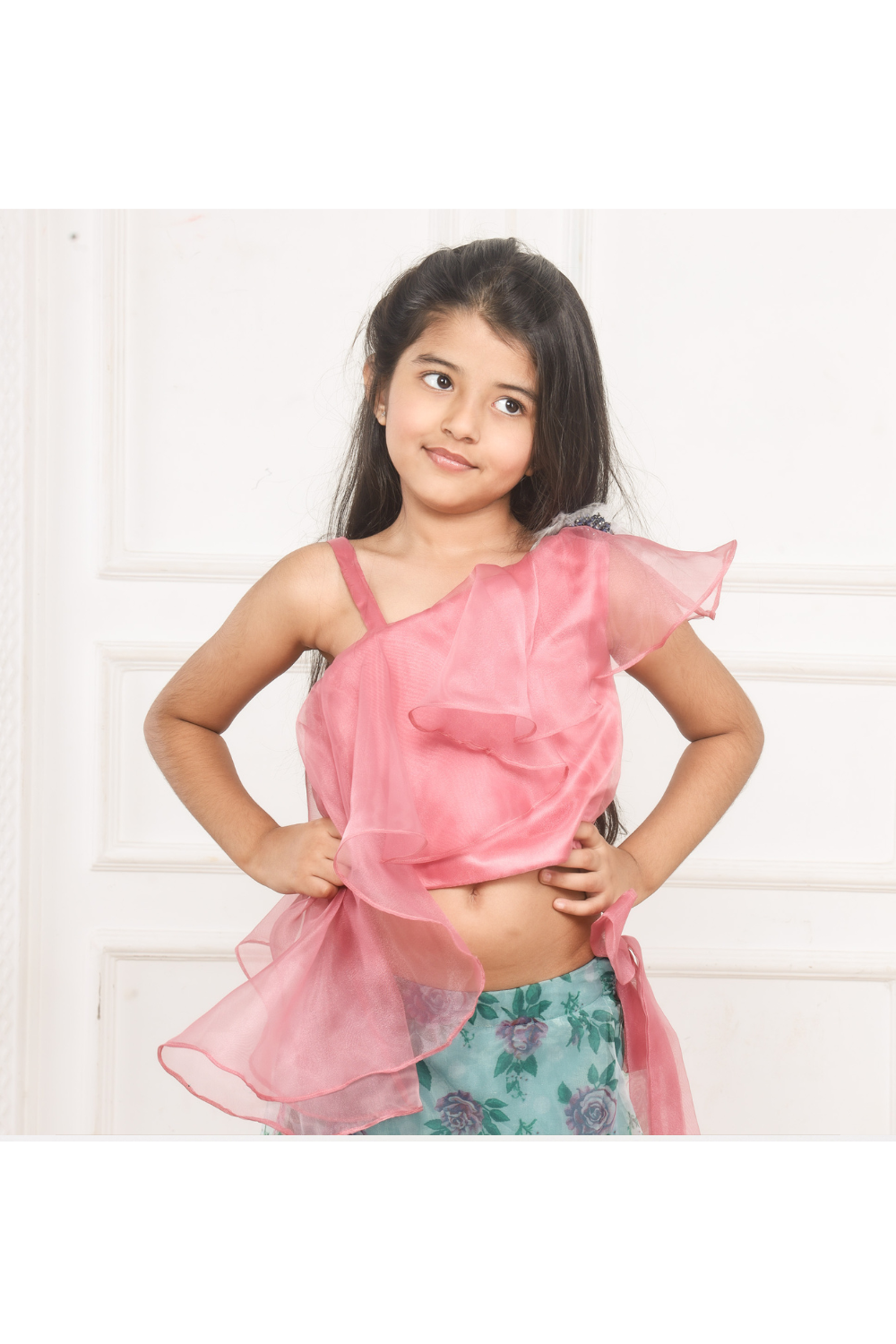 Onion Pink Organza One Shoulder Top With Floral Printed Lehenga Set