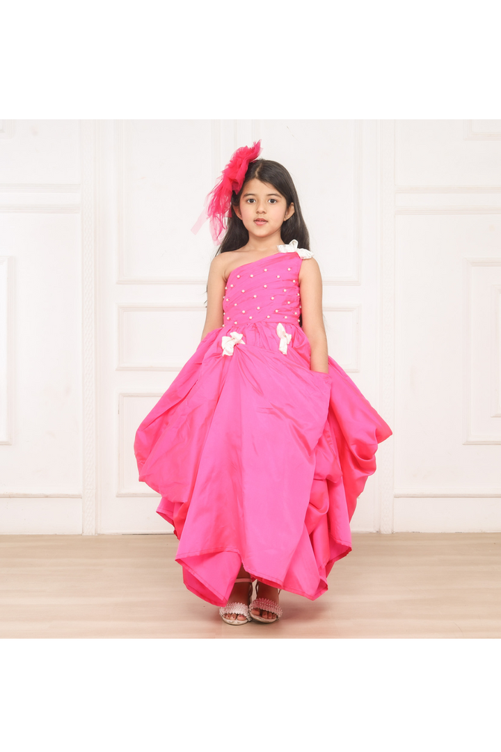 Pink Pearls And Bow Embellished One-Shoulder Gown