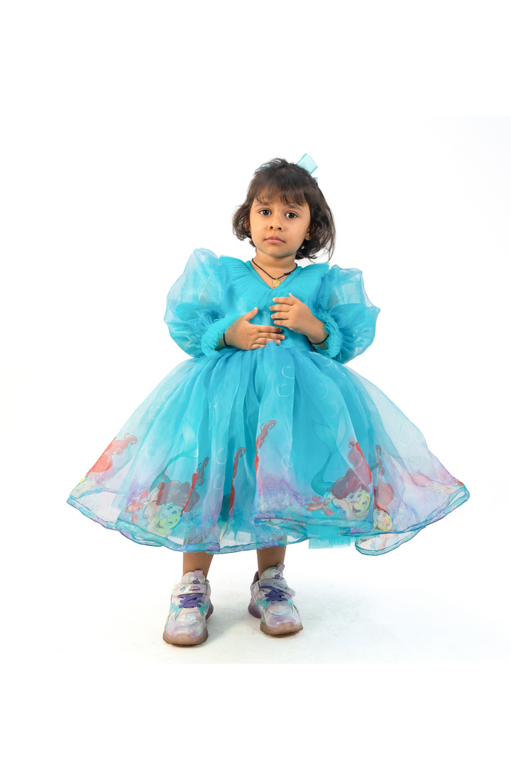 Blue Organza Mermaid Bow Puff Sleeves Frill Frock