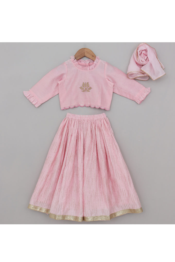 Light Pink Lotus Embroidered Chanderi Silk Top With Lehenga Set