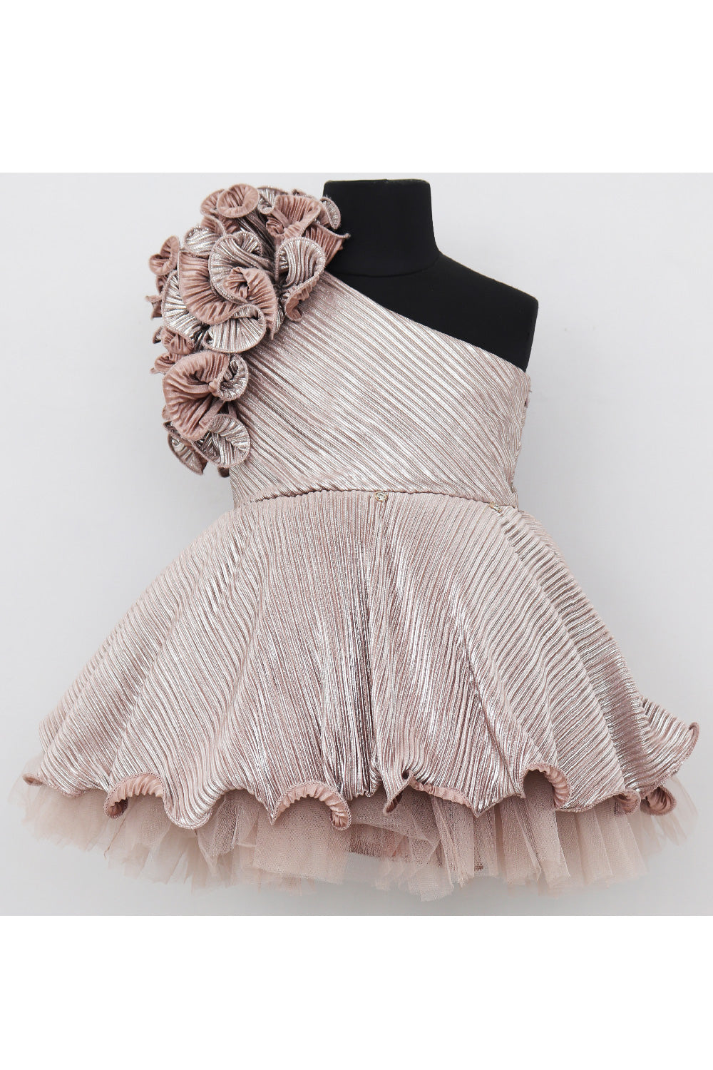 Beige 3D Flower Embroidered One Shoulder Shimmer Dress