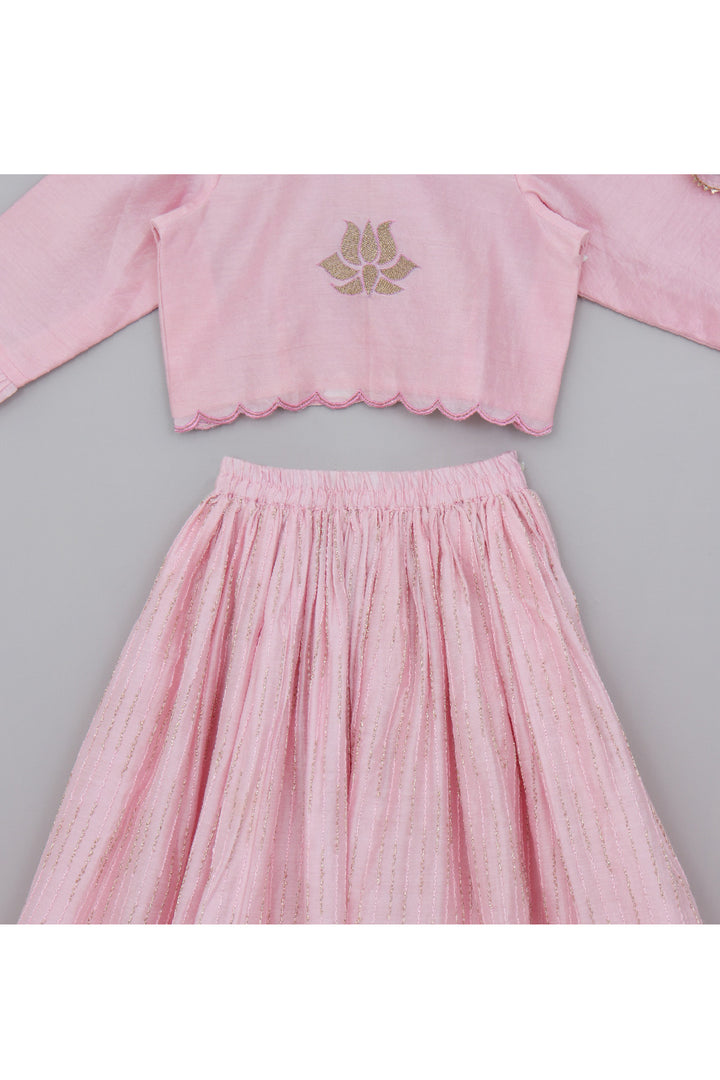 Light Pink Lotus Embroidered Chanderi Silk Top With Lehenga Set