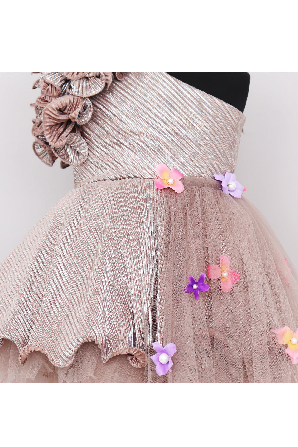 Beige 3D Flower Embroidered One Shoulder Shimmer Dress