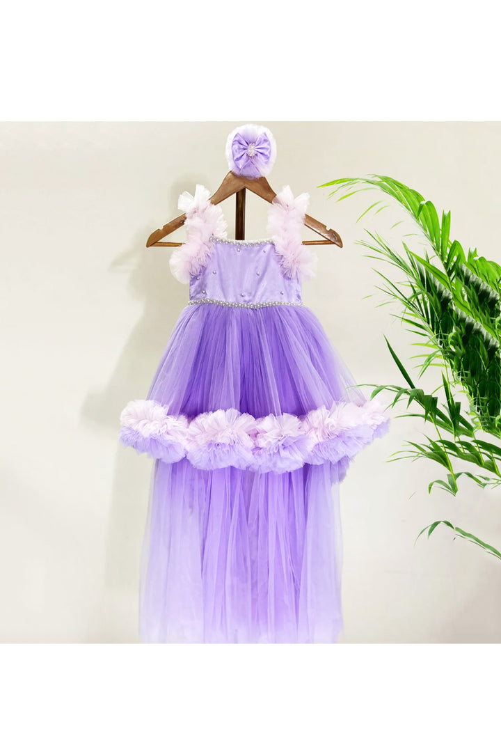 Purple Beads Embellished Frilled High-Low Net Dress