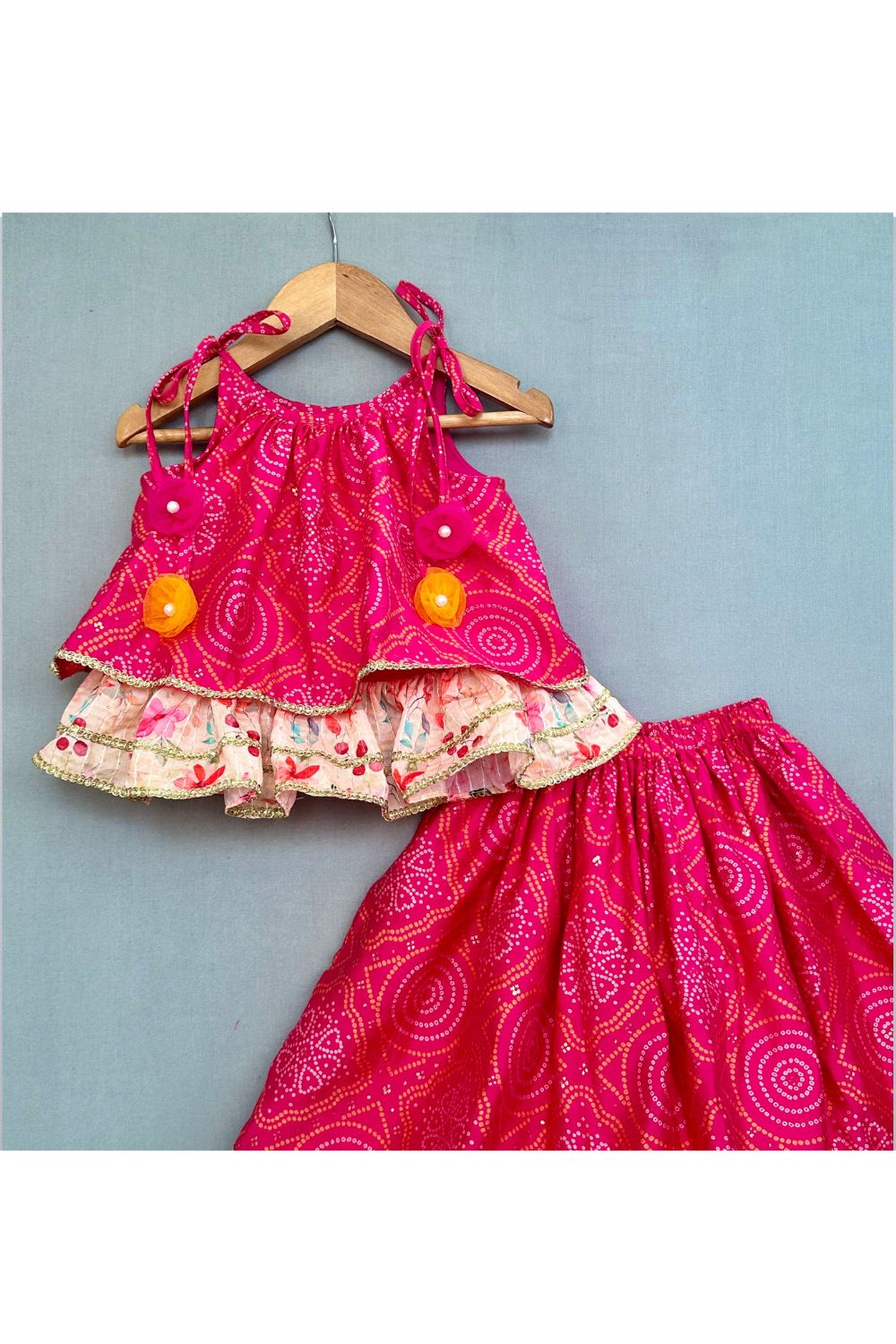 Pink Bandhej Multicolor Floral Printed Top Lehenga Set