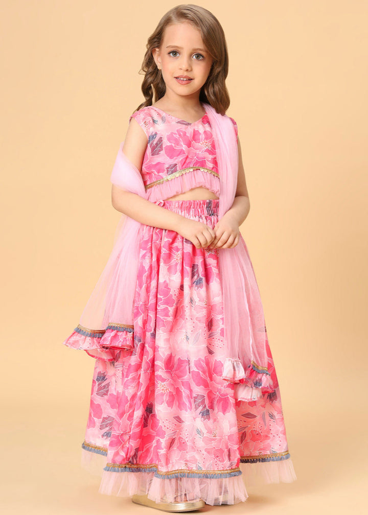 Pink Printed Embellished Top And Lehenga With Net Dupatta Set