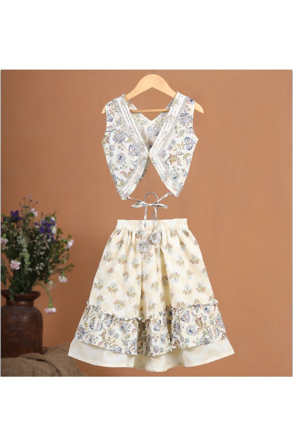 Beige Blue Floral Printed With Gota Detailing Cotton Top and Skirt Set