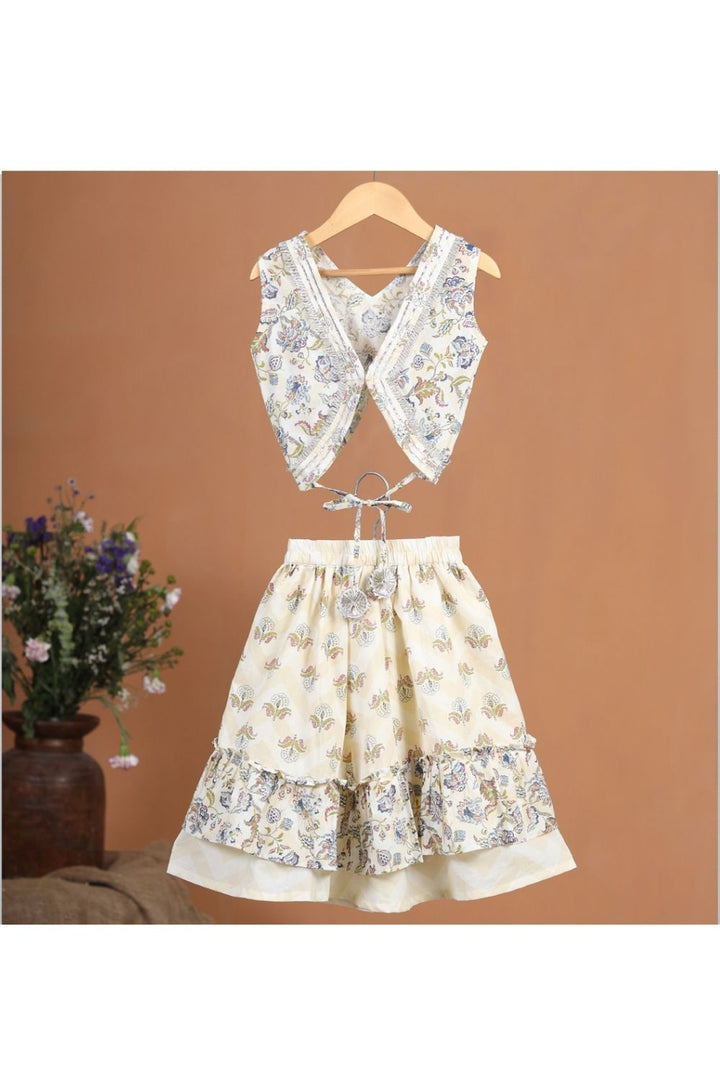 Beige Blue Floral Printed With Gota Detailing Cotton Top and Skirt Set