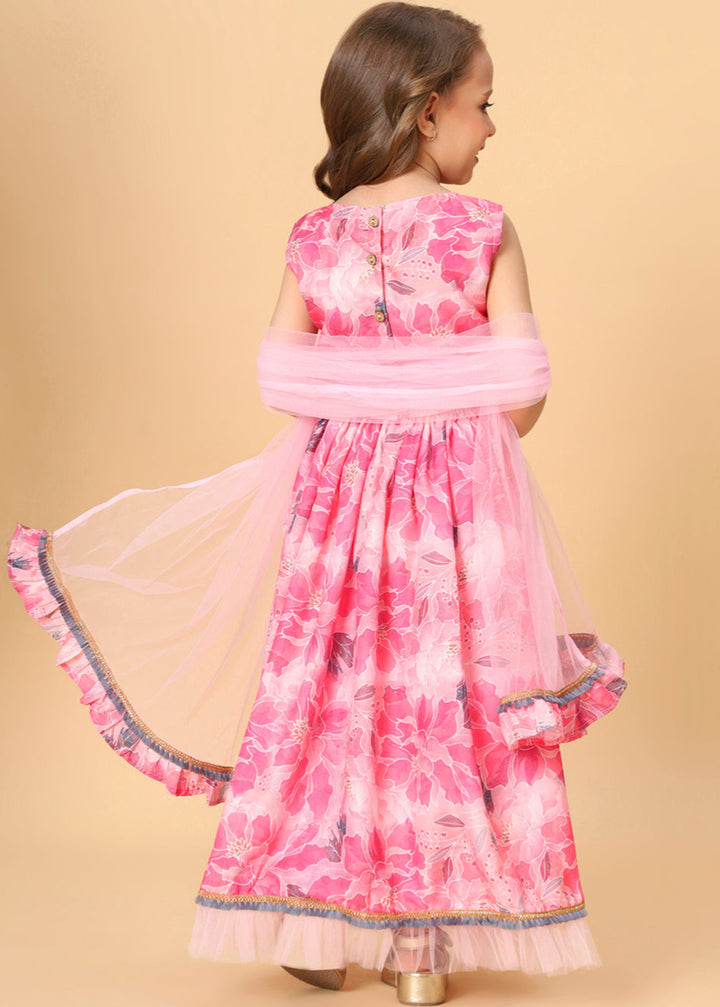 Pink Printed Embellished Top And Lehenga With Net Dupatta Set