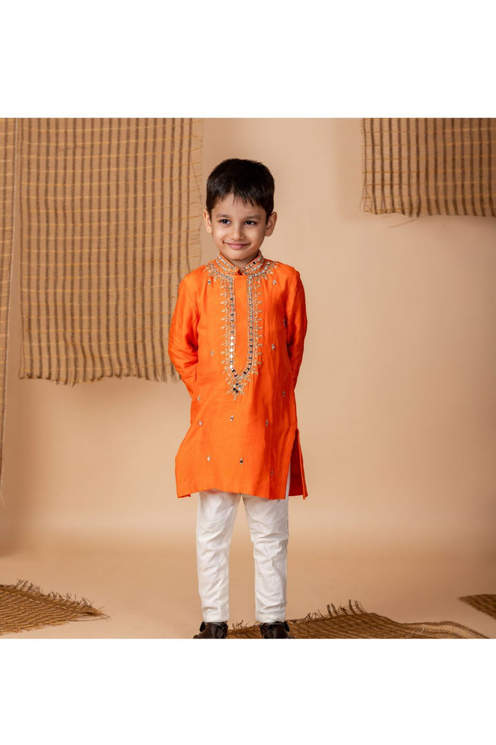 Orange Embroidered Silk Kurta With White Pyjama Set