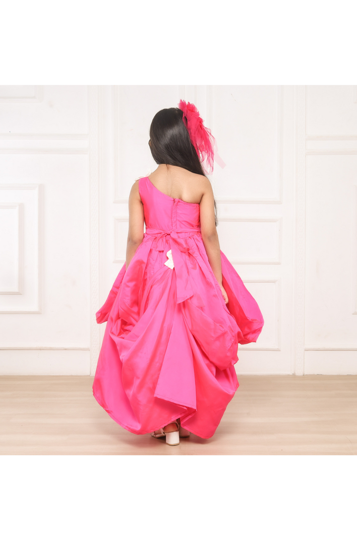 Pink Pearls And Bow Embellished One-Shoulder Gown