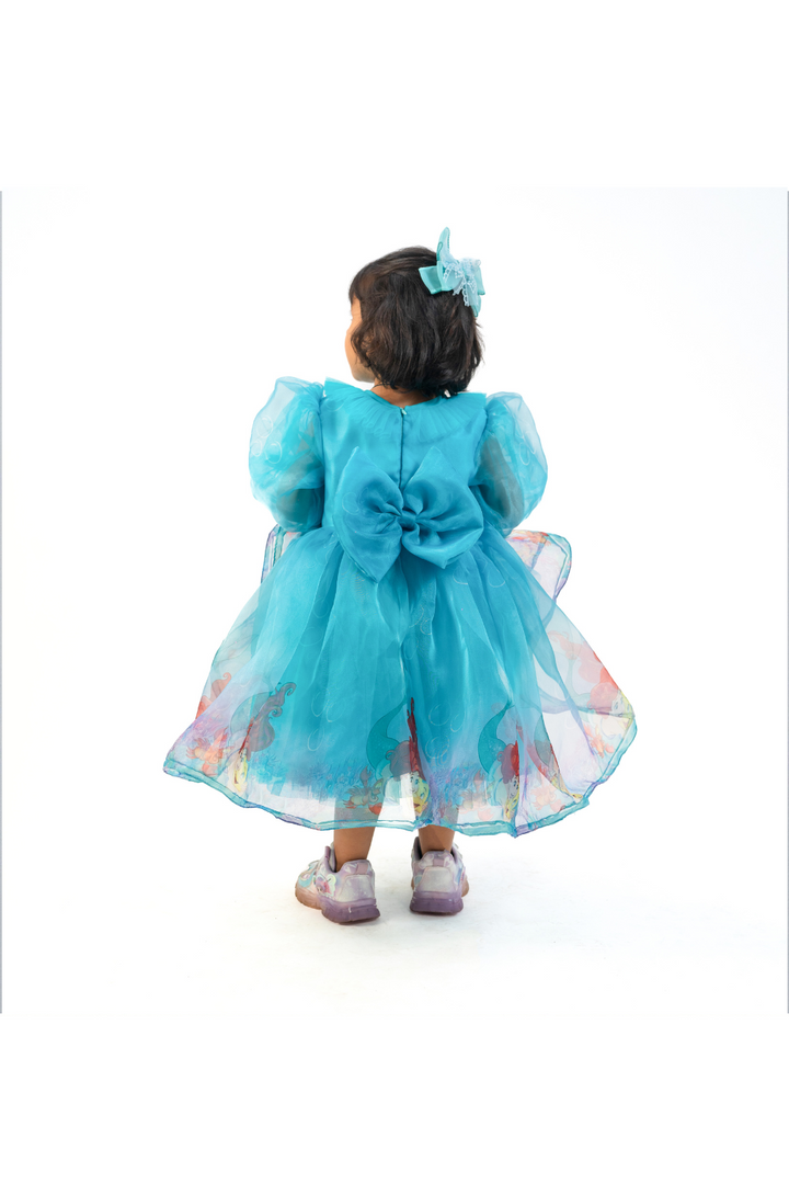 Blue Organza Mermaid Bow Puff Sleeves Frill Frock