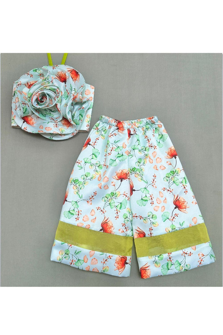 Green Organza Floral Print With 3D Flower Top And Palazzo Set