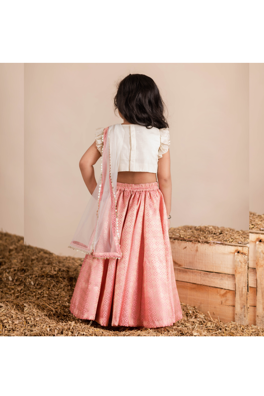 Pink Floral Embroidered Round Neck Top With Lehenga Set