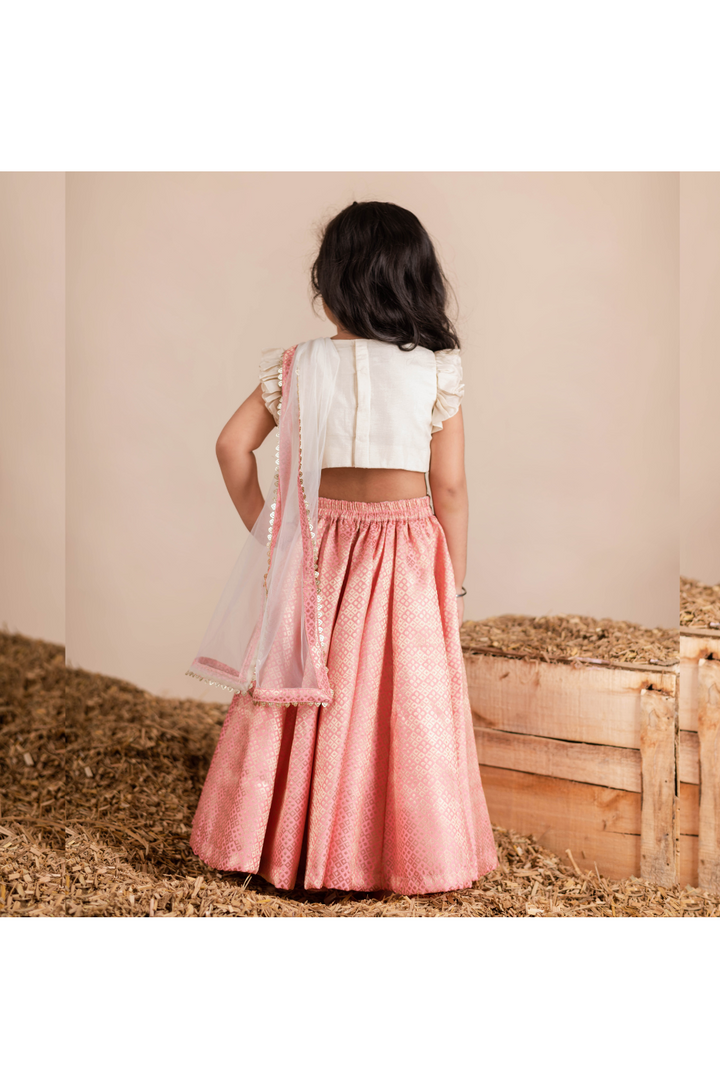 Pink Floral Embroidered Round Neck Top With Lehenga Set