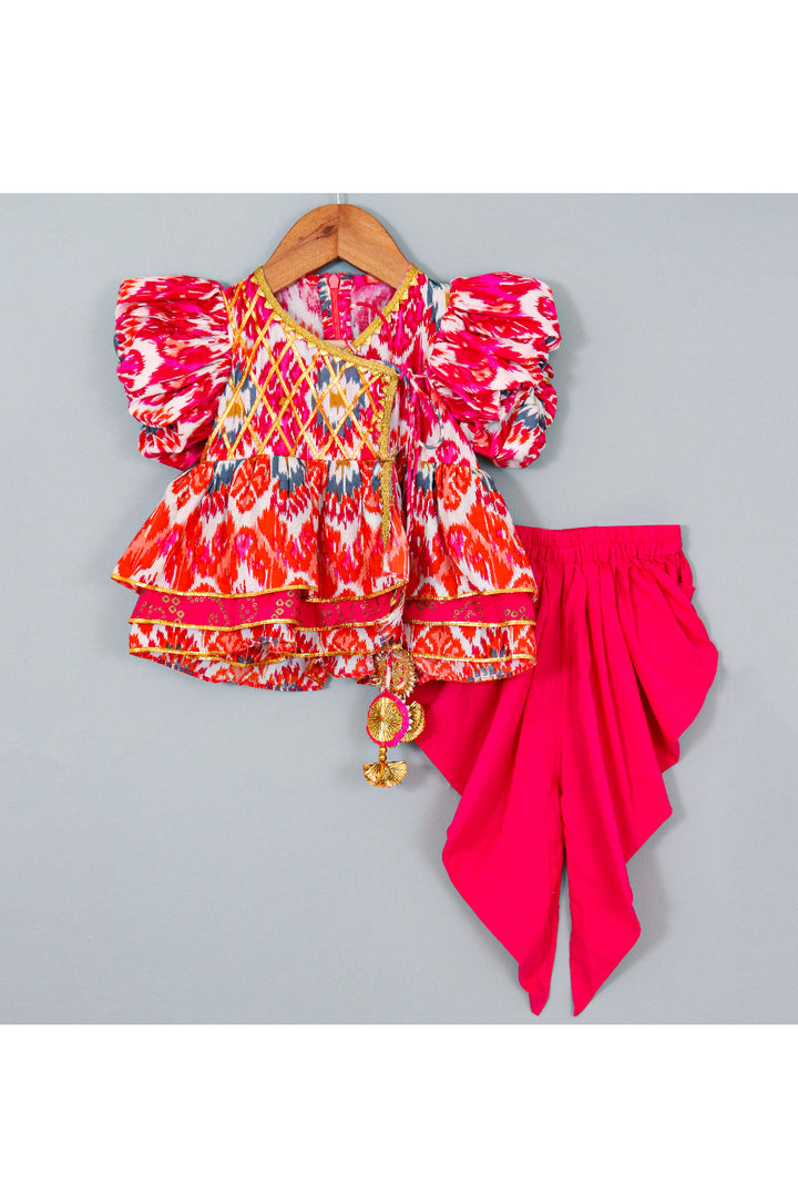 White And Pink Printed And Lace Detailing Peplum Top With Salwar Set
