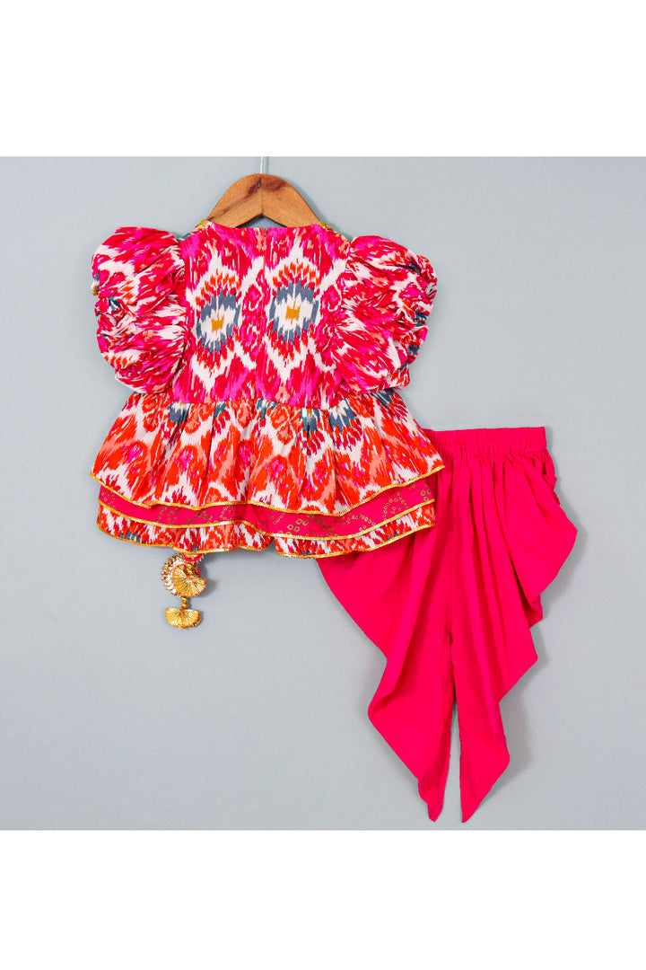 White And Pink Printed And Lace Detailing Peplum Top With Salwar Set