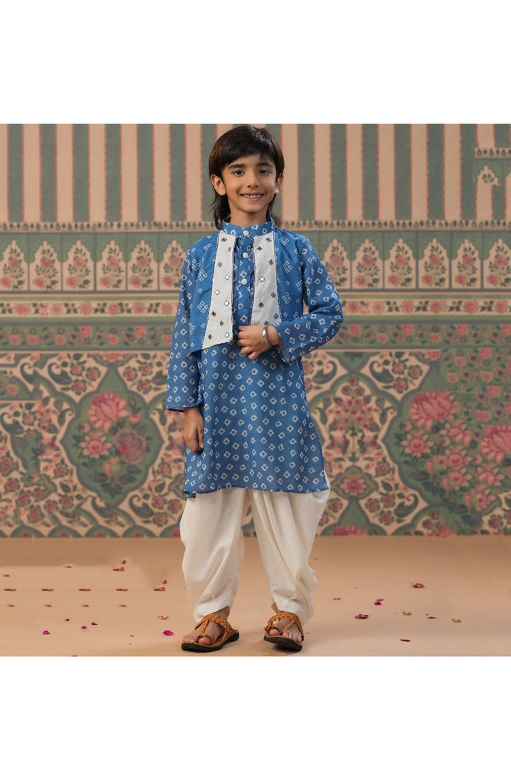 Blue Bandhani Printed And Faux Mirror Detailing Kurta With Attached Jacket Set