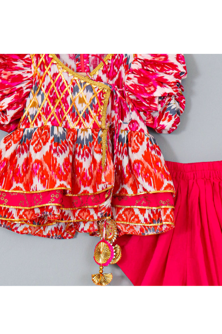 White And Pink Printed And Lace Detailing Peplum Top With Salwar Set